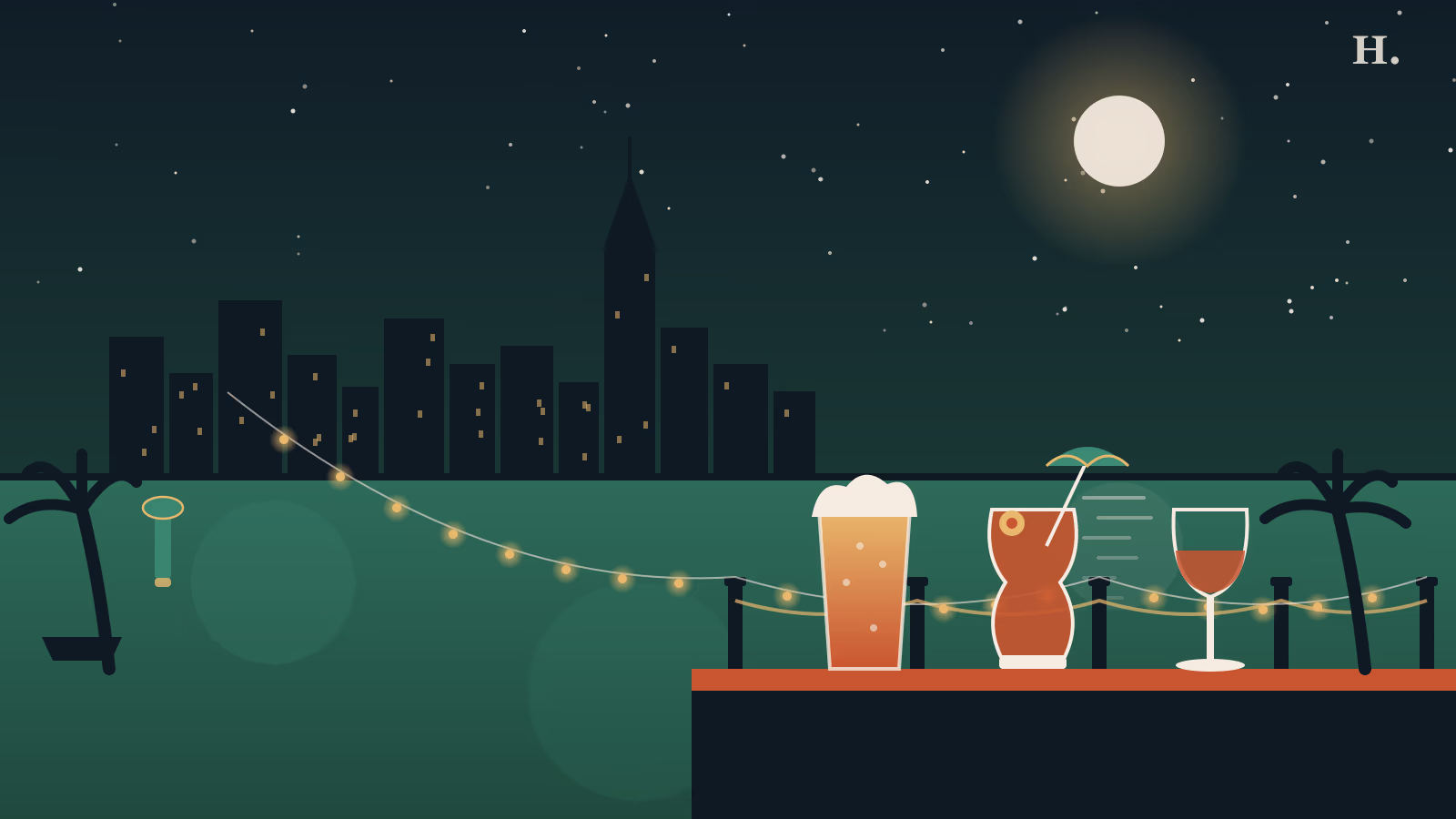 Bars in League City TX: beer mugs, string lights and marina dock at night
