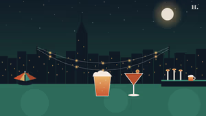 Bars in Memorial Houston: patio string lights, beer glasses, and Houston skyline at night