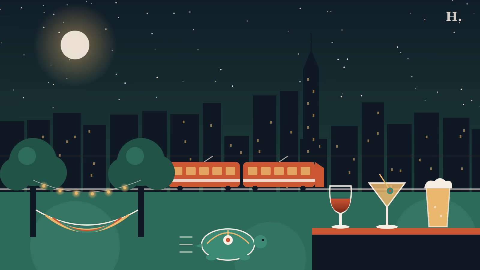 Bars in Midtown Houston illustration: skyline, METRORail train, beer garden hammock and racing turtle