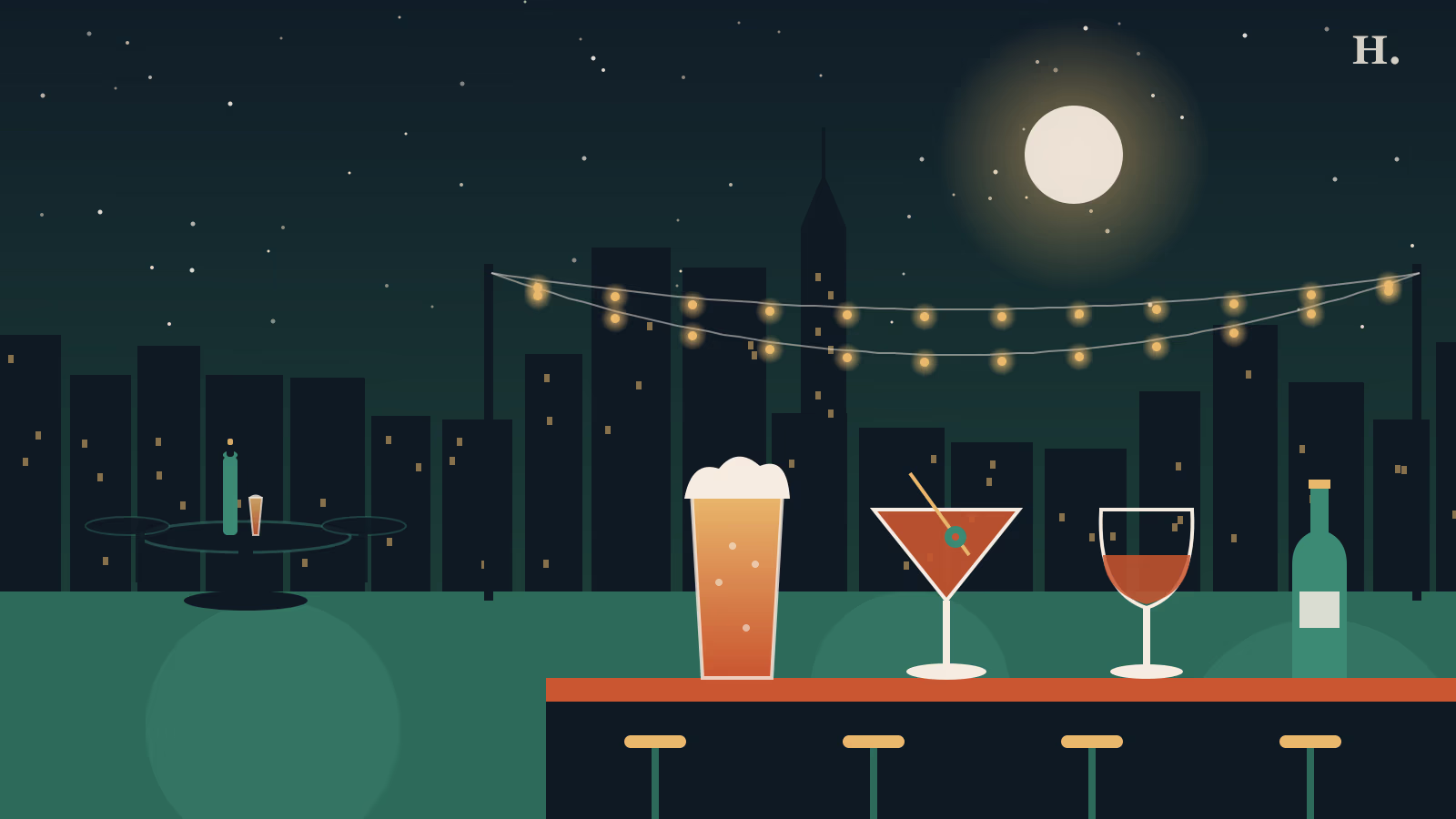 Bars Missouri City TX: string lights and pint glass over a night-sky skyline beer garden
