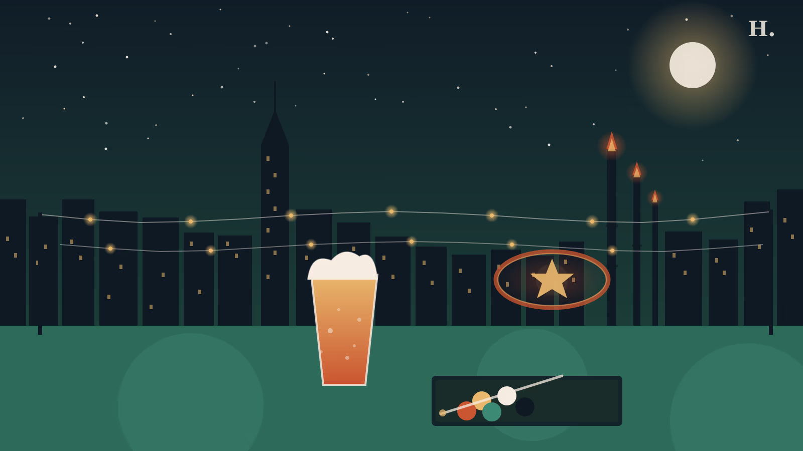 Best bars in Pasadena TX illustration: pint glass, neon lone star and refinery flare stacks at night