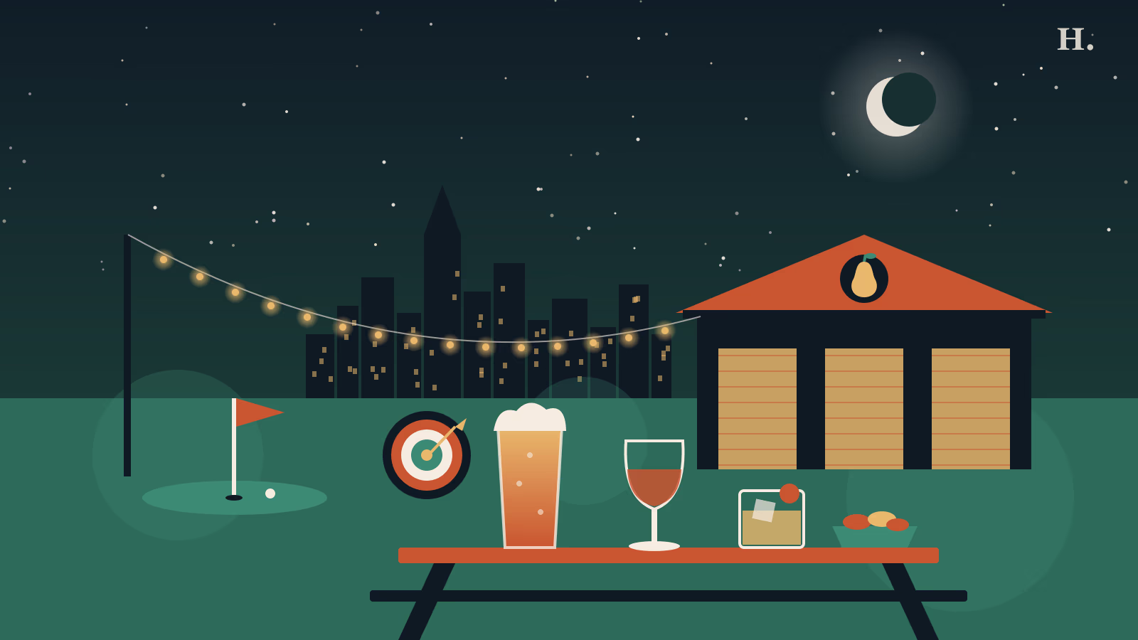 Bars in Pearland illustration: taproom with string lights, pint, wine glass, dartboard and golf flag
