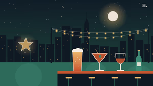 Bars in Richmond TX: string lights, beer glasses, Texas star and night sky over a patio