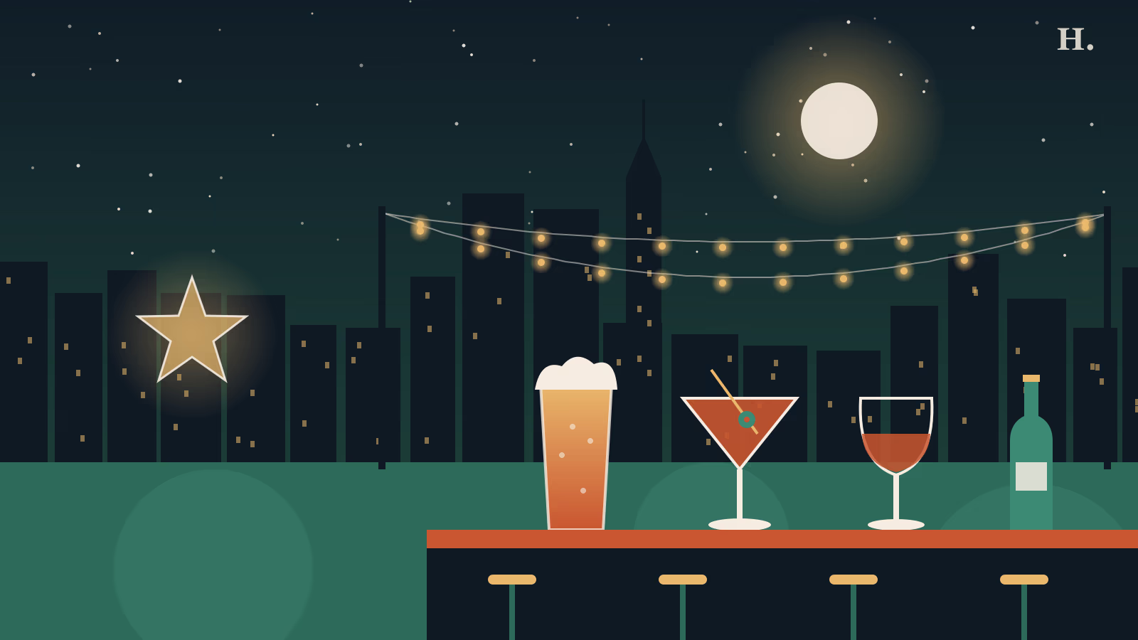 Bars in Richmond TX: string lights, beer glasses, Texas star and night sky over a patio