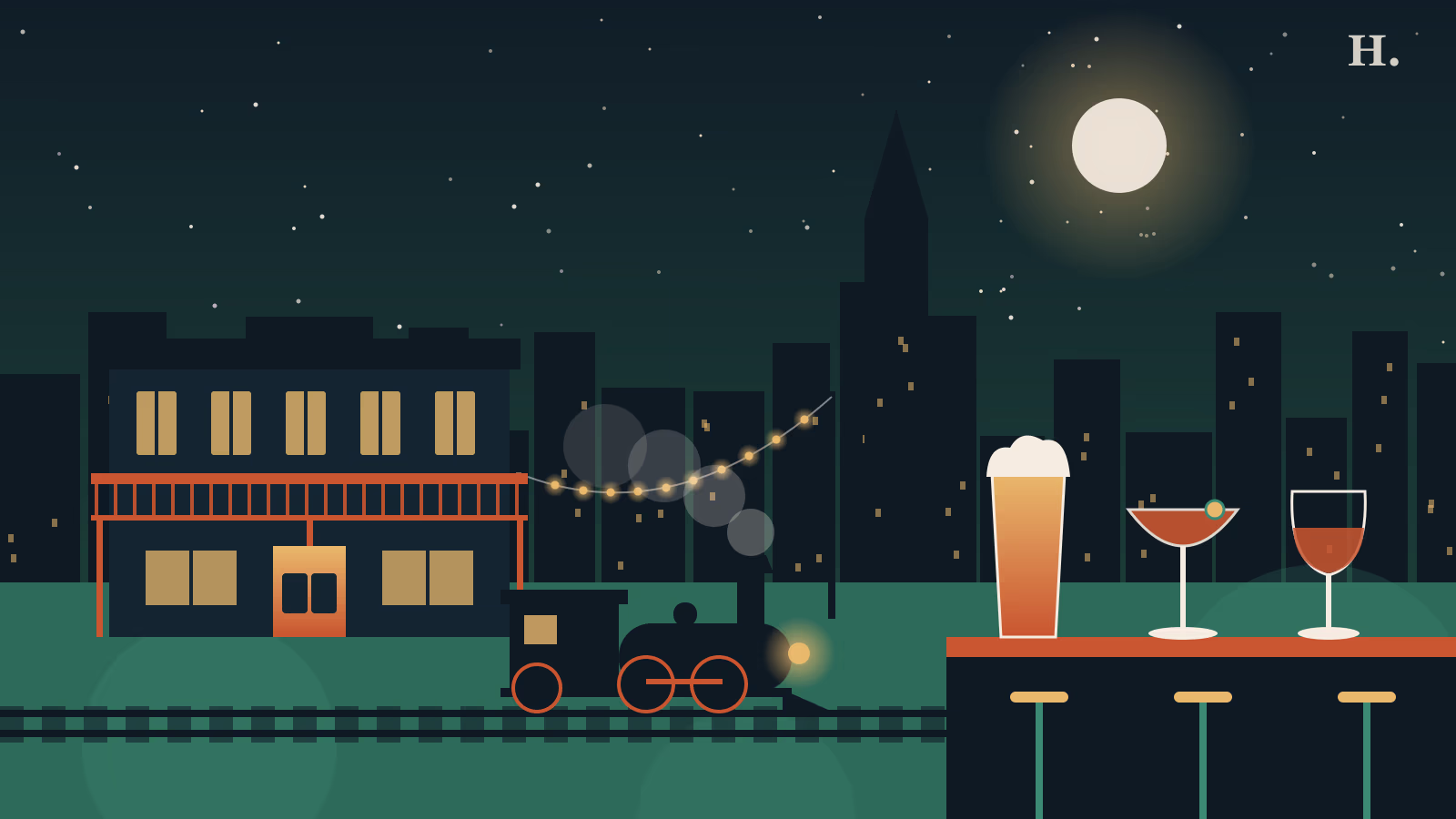 Illustration of bars in Spring, TX: a historic saloon, steam train and drinks at night