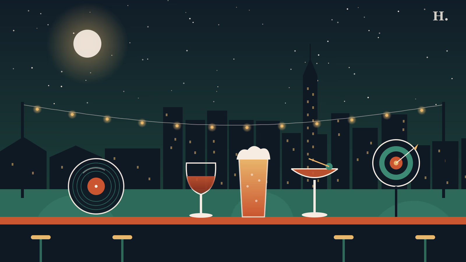 Illustrated night patio with string lights, wine, beer, cocktail, vinyl record and dartboard for bars in Sugar Land