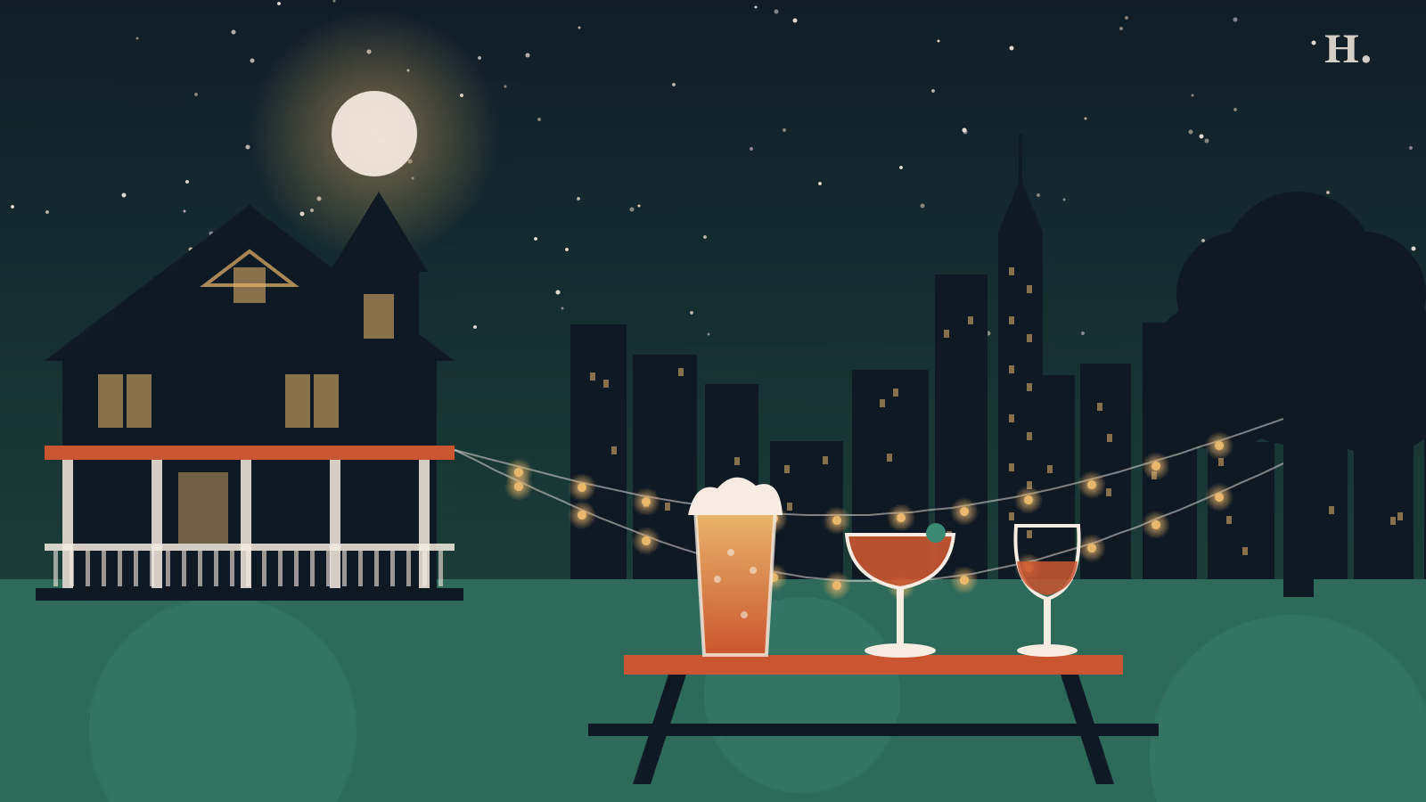 Bars in Heights Houston illustration: Victorian porch bar with string lights, pint and cocktail