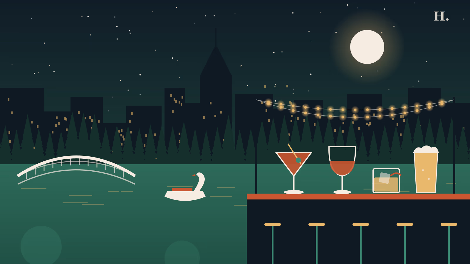 Illustration of bars in The Woodlands: cocktails, pines and a Waterway swan boat at night