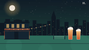 Best bars in Tomball TX illustration: pint glasses and string lights over an Old Town bar patio at night