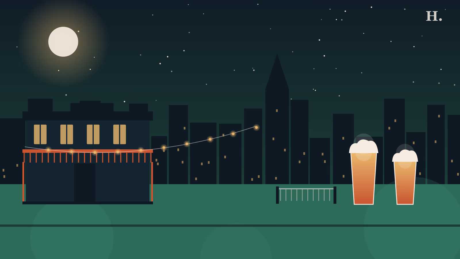 Best bars in Tomball TX illustration: pint glasses and string lights over an Old Town bar patio at night
