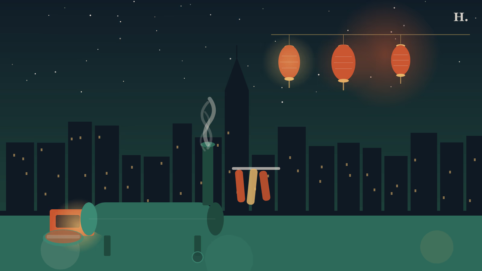 Texas BBQ offset smoker and red Chinese lanterns over the Houston skyline at night, barbecue chinatown