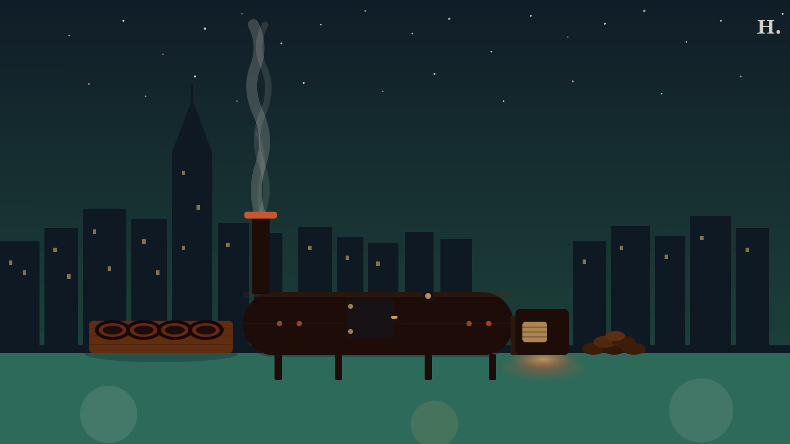 Best barbecue in Cypress TX illustration: offset smoker with smoke rising, brisket slices on a cutting board against the Houston night skyline