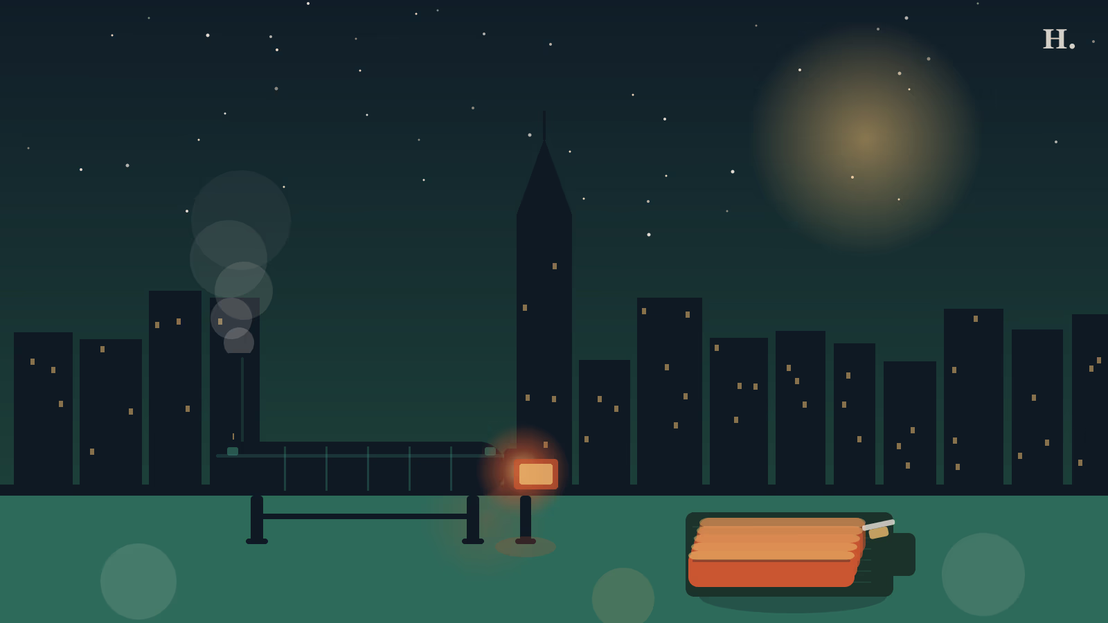 Offset BBQ smoker with smoke rising against the downtown Houston skyline at night, with sliced brisket in the foreground