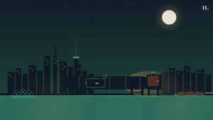 Barbecue EaDo illustration: offset smoker with rising smoke against the Houston night skyline