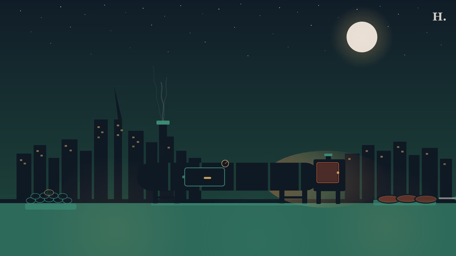 Barbecue EaDo illustration: offset smoker with rising smoke against the Houston night skyline
