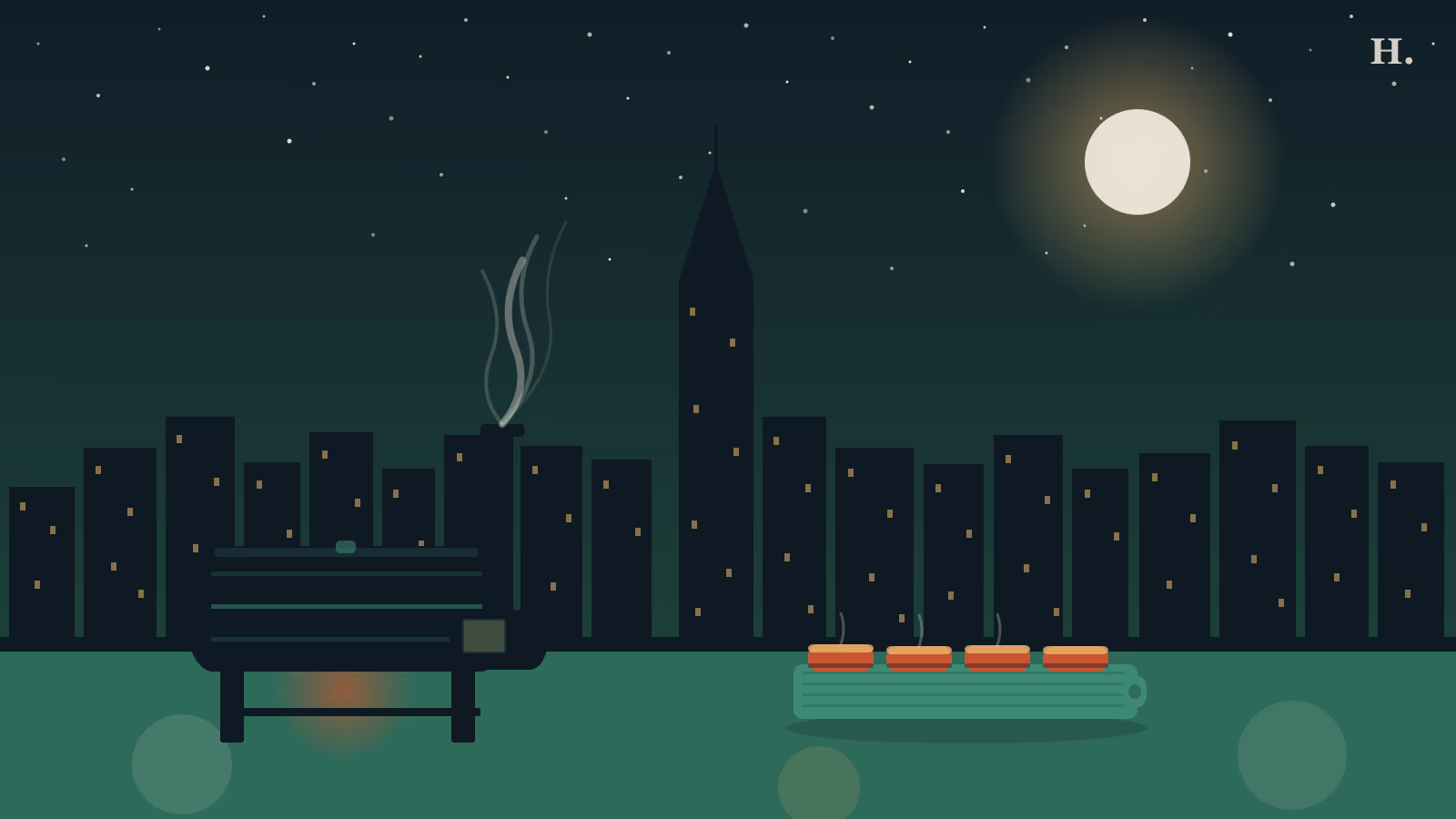 Barbecue galveston illustration: smoker pit with smoke wisps, brisket slices on cutting board, island night skyline