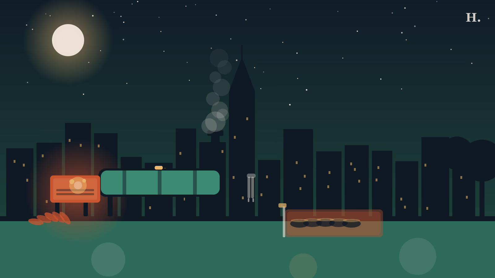 Offset smoker with brisket and sausage against the Houston night skyline, barbecue Memorial guide