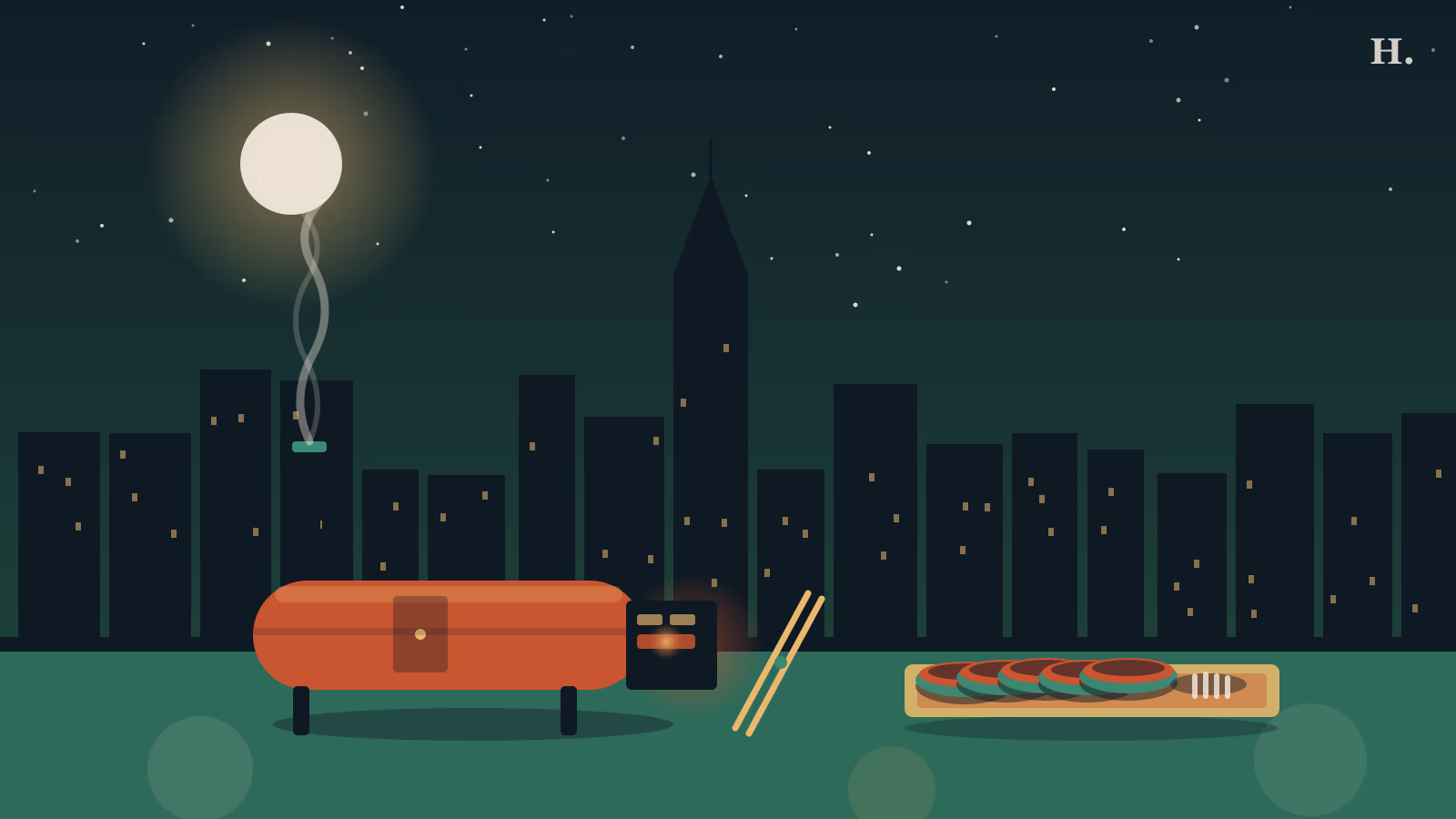 Best barbecue in Missouri City TX illustration: barrel smoker with smoke, brisket slices on a cutting board under a night sky