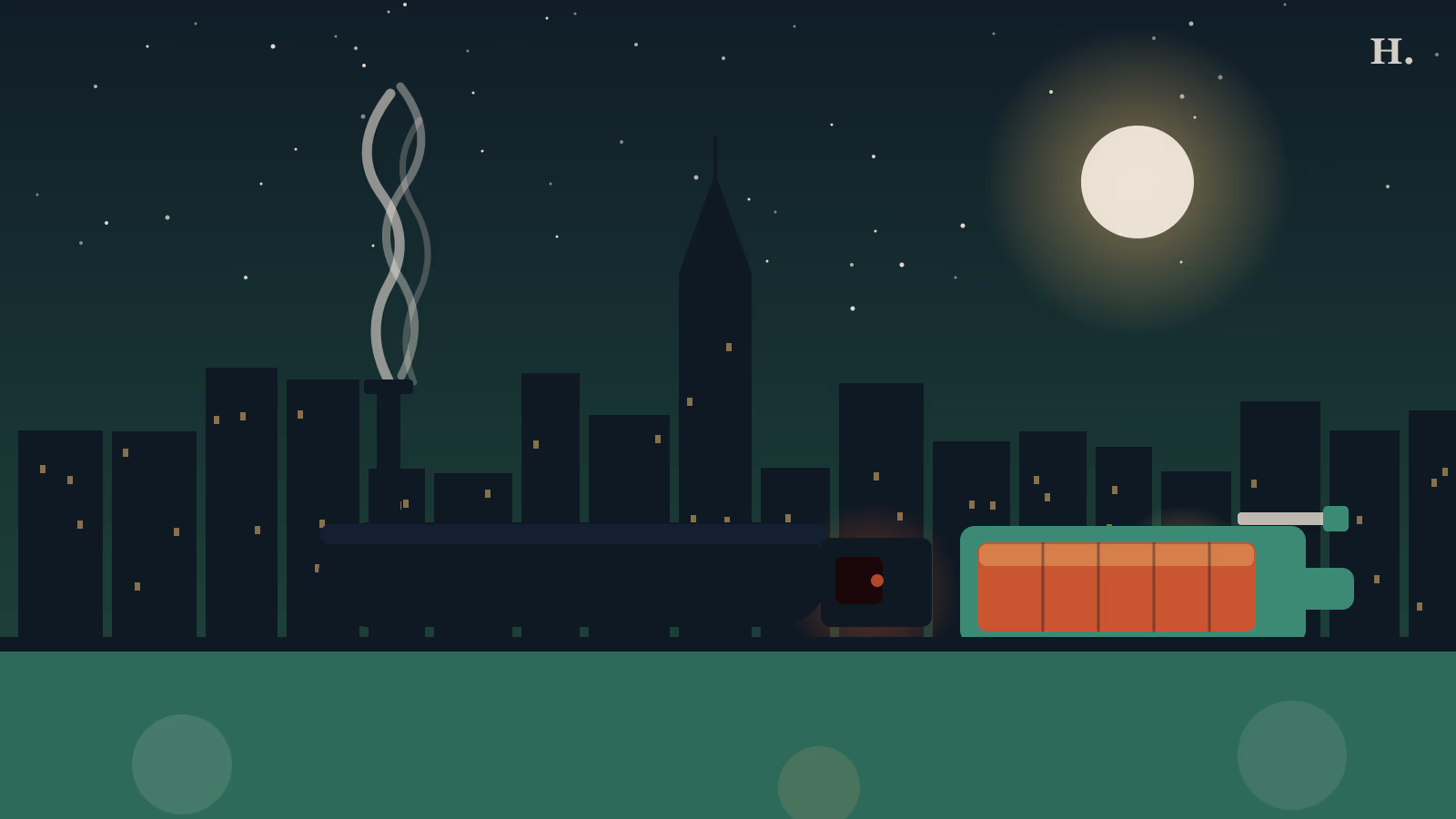 Barbecue Montrose Houston night illustration: offset smoker with rising smoke, brisket on cutting board, Houston skyline