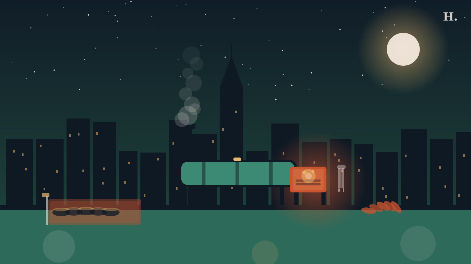 Offset BBQ smoker with brisket and sausage in front of the Houston skyline at night, for a Museum District barbecue guide