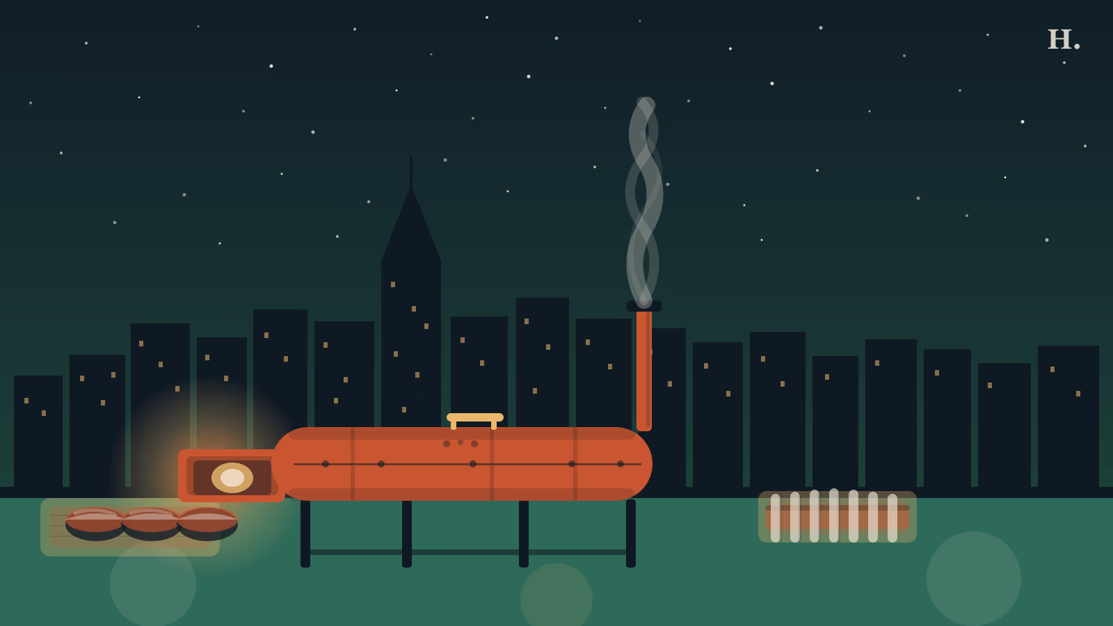 Barbecue Rice Village Houston: offset smoker with brisket slices and a rib rack under a night sky