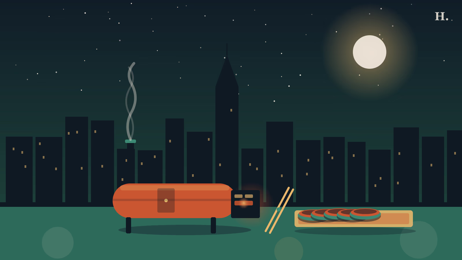 Barbecue in Richmond TX illustration showing smoker brisket and night sky over Fort Bend