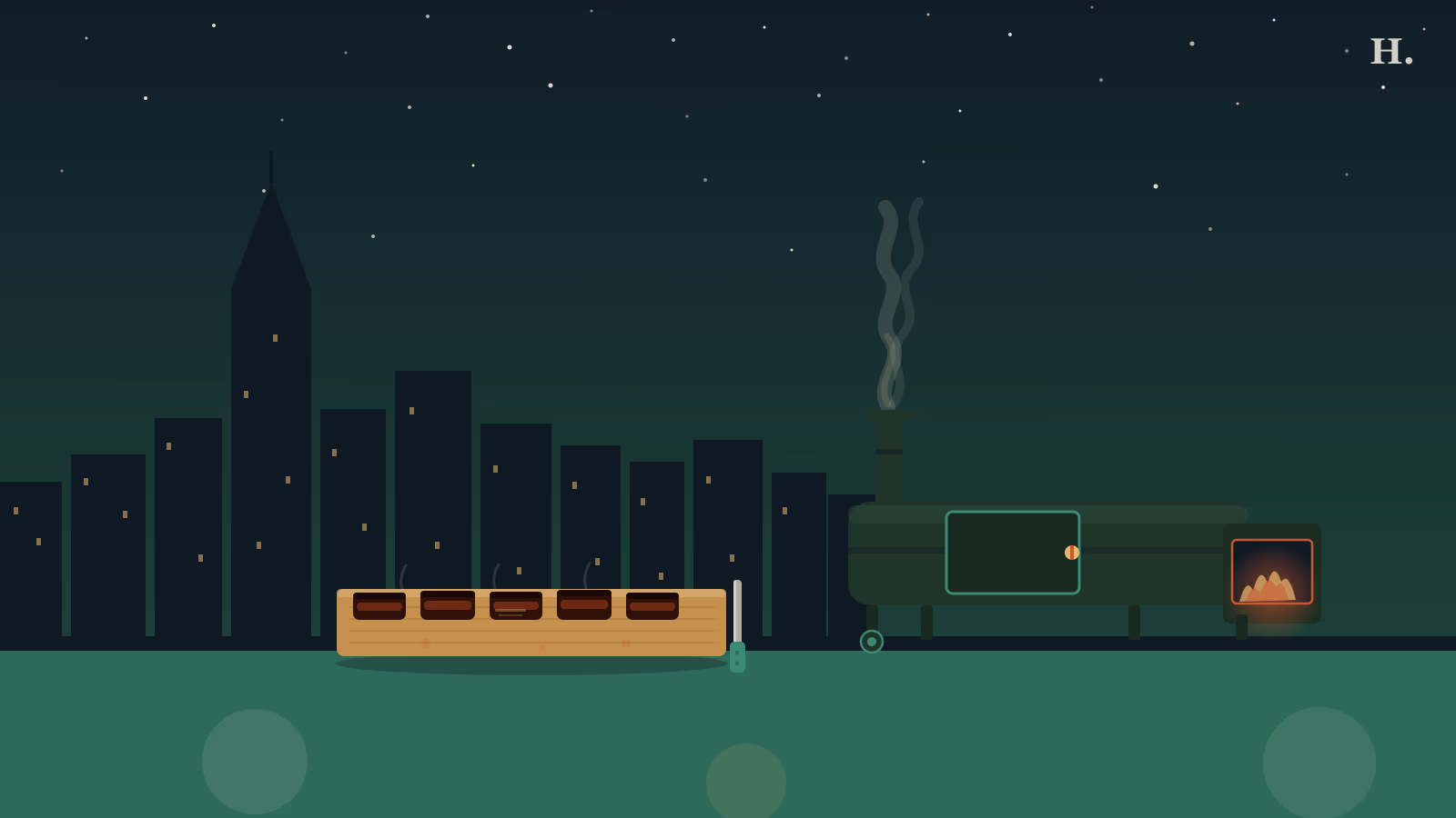 Best barbecue in Spring TX illustration: offset smoker with rising smoke, brisket slices on cutting board, night skyline