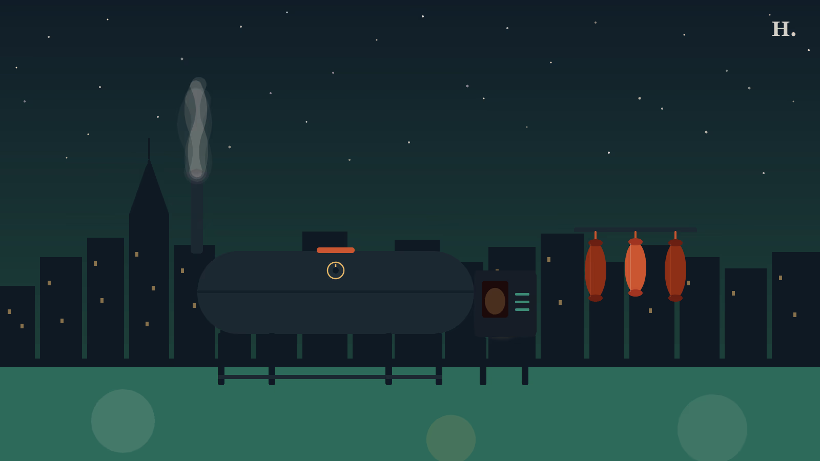 Barbecue Tomball illustration: offset smoker with smoke and hanging sausage links against the Houston night skyline