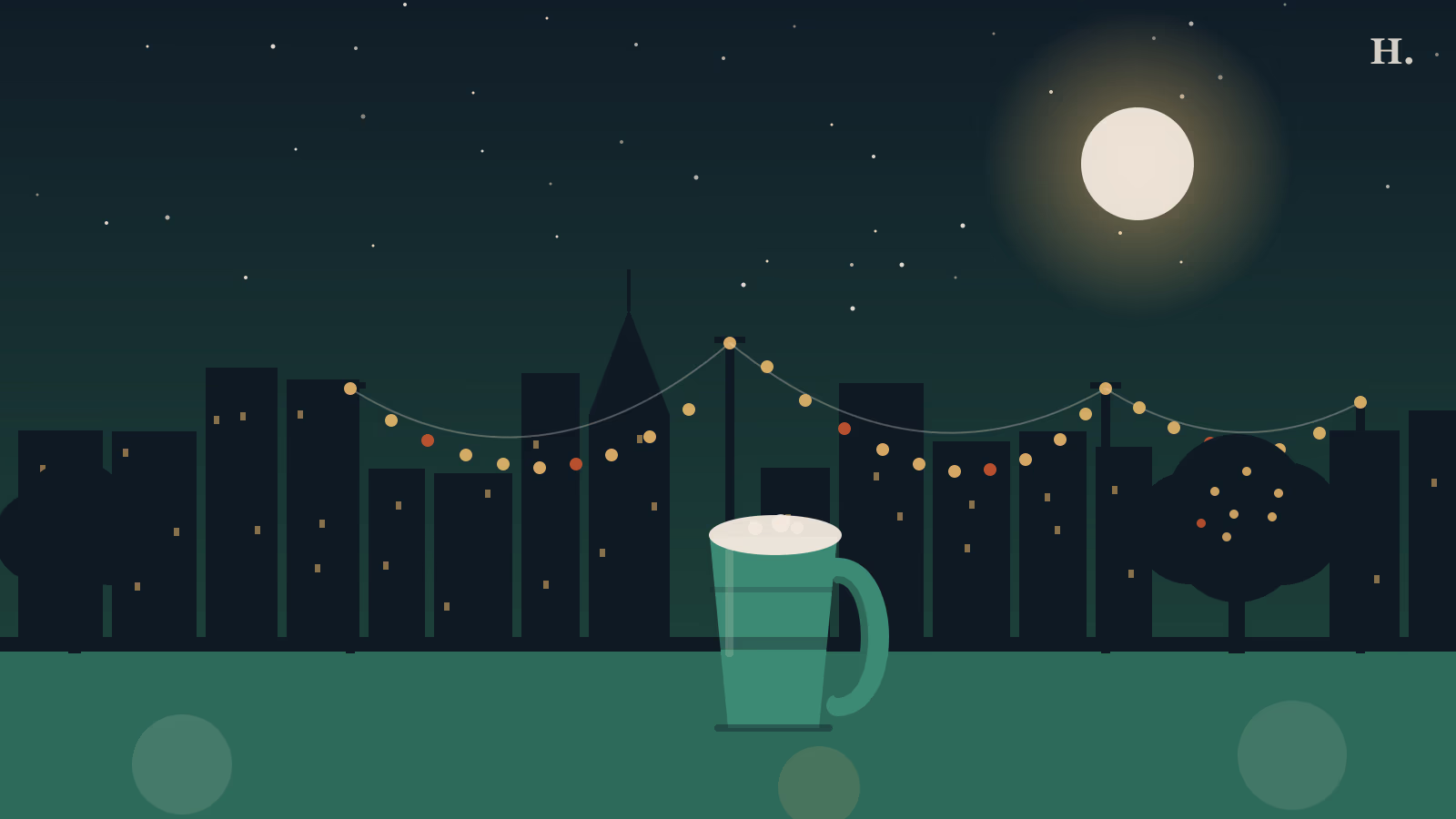 Beer gardens Houston illustration: festoon string lights over Houston skyline with a teal beer mug in the foreground