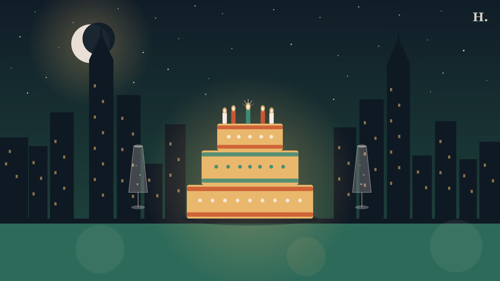 Tiered birthday cake with candles and champagne flutes against the Houston night skyline