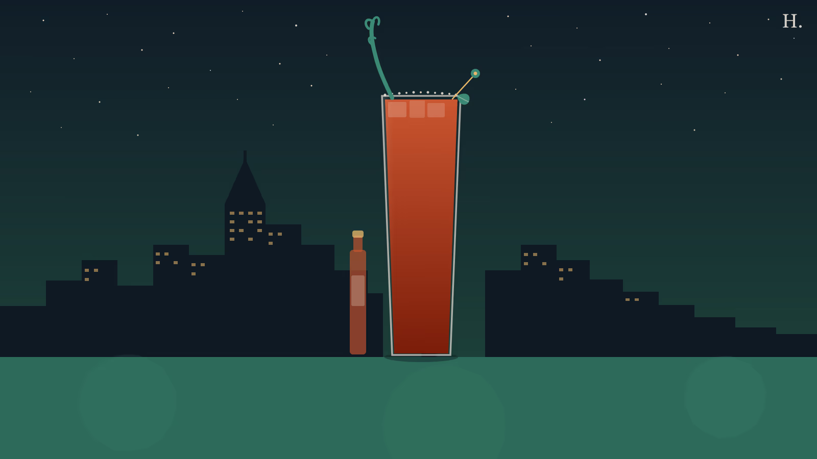 Best bloody mary Houston — tall garnished Collins glass with celery against the Houston night skyline