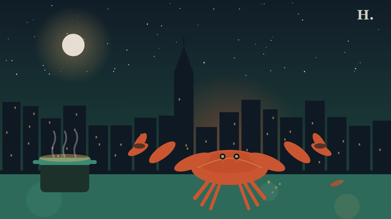 Best crabs in Houston illustration: blue crab in the foreground, steam rising from a boiling pot, Houston skyline at night