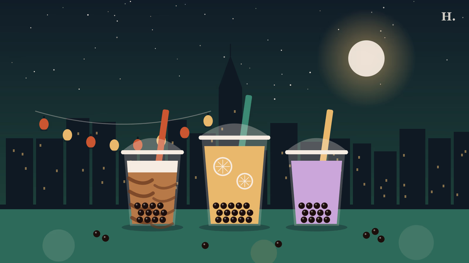Boba Houston illustration: three bubble tea cups with pearls before the downtown skyline at night