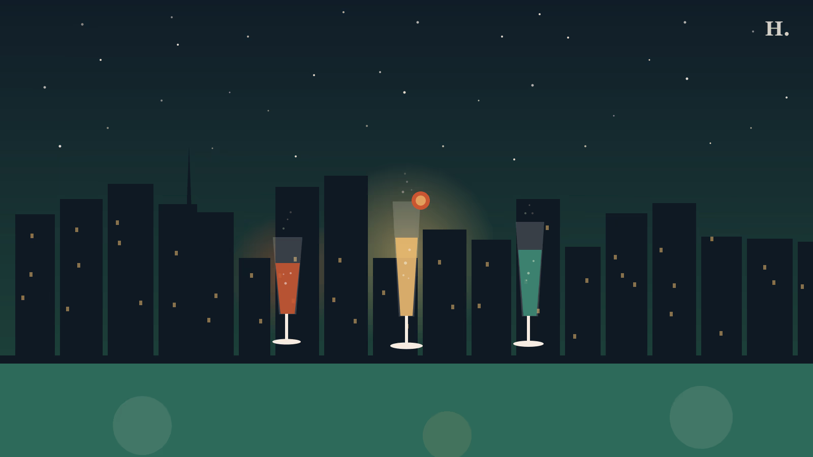 Bottomless brunch Houston illustration: three champagne flutes against night city skyline