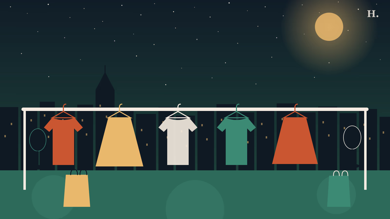 Best clothing boutiques in Houston illustration: dress forms, boutique clothing rail with garments and Houston skyline at night