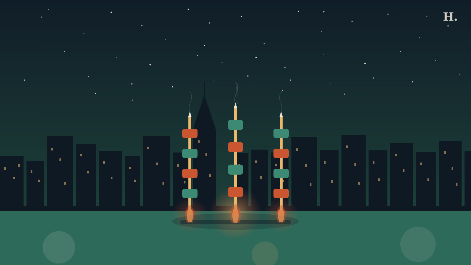 Three gaucho skewers with fire glowing at base against the Houston night skyline, Brazilian steakhouse houston illustration