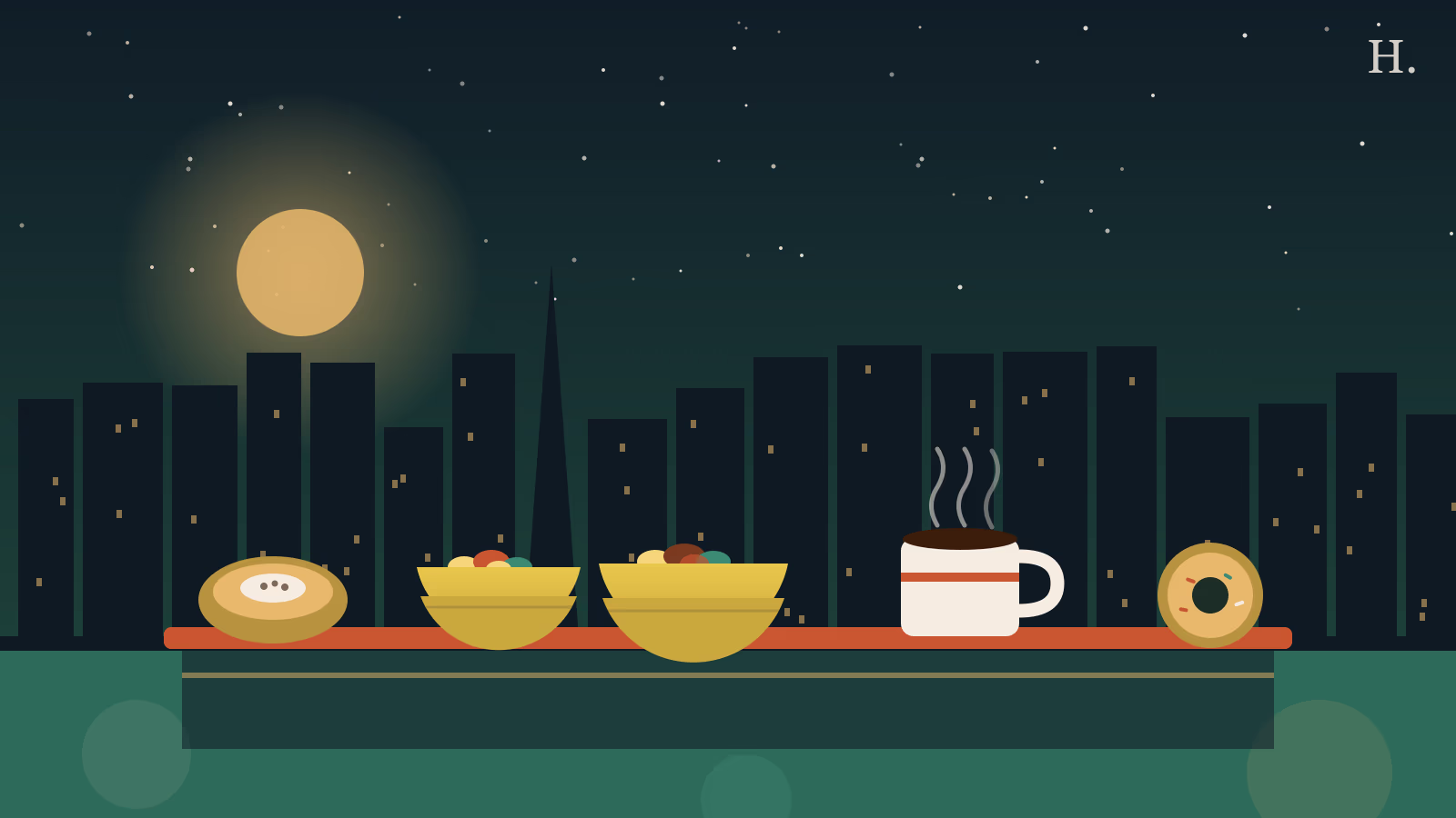 Best breakfast in Baytown TX: tacos, kolache and coffee cup against night skyline