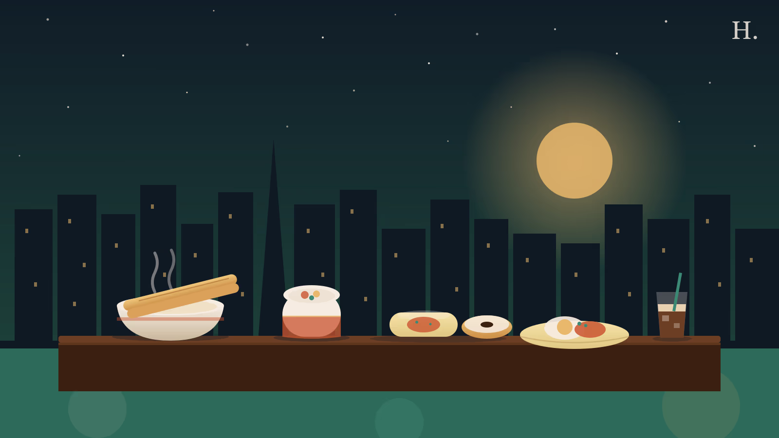 Illustrated breakfast Chinatown spread of soy milk, rice roll, kolache and taco under Houston skyline