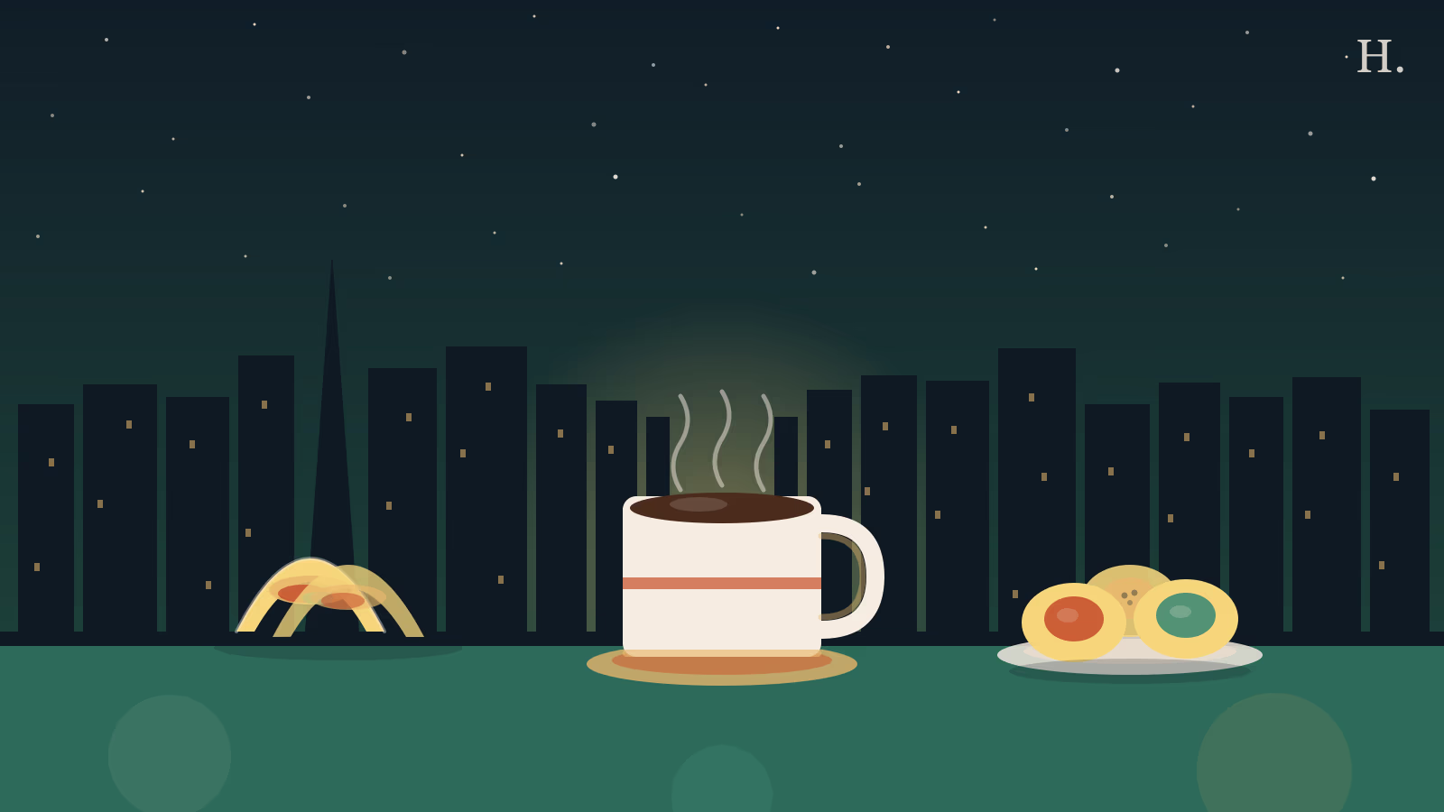 Steaming coffee mug, breakfast tacos and kolaches on plate against Conroe night sky