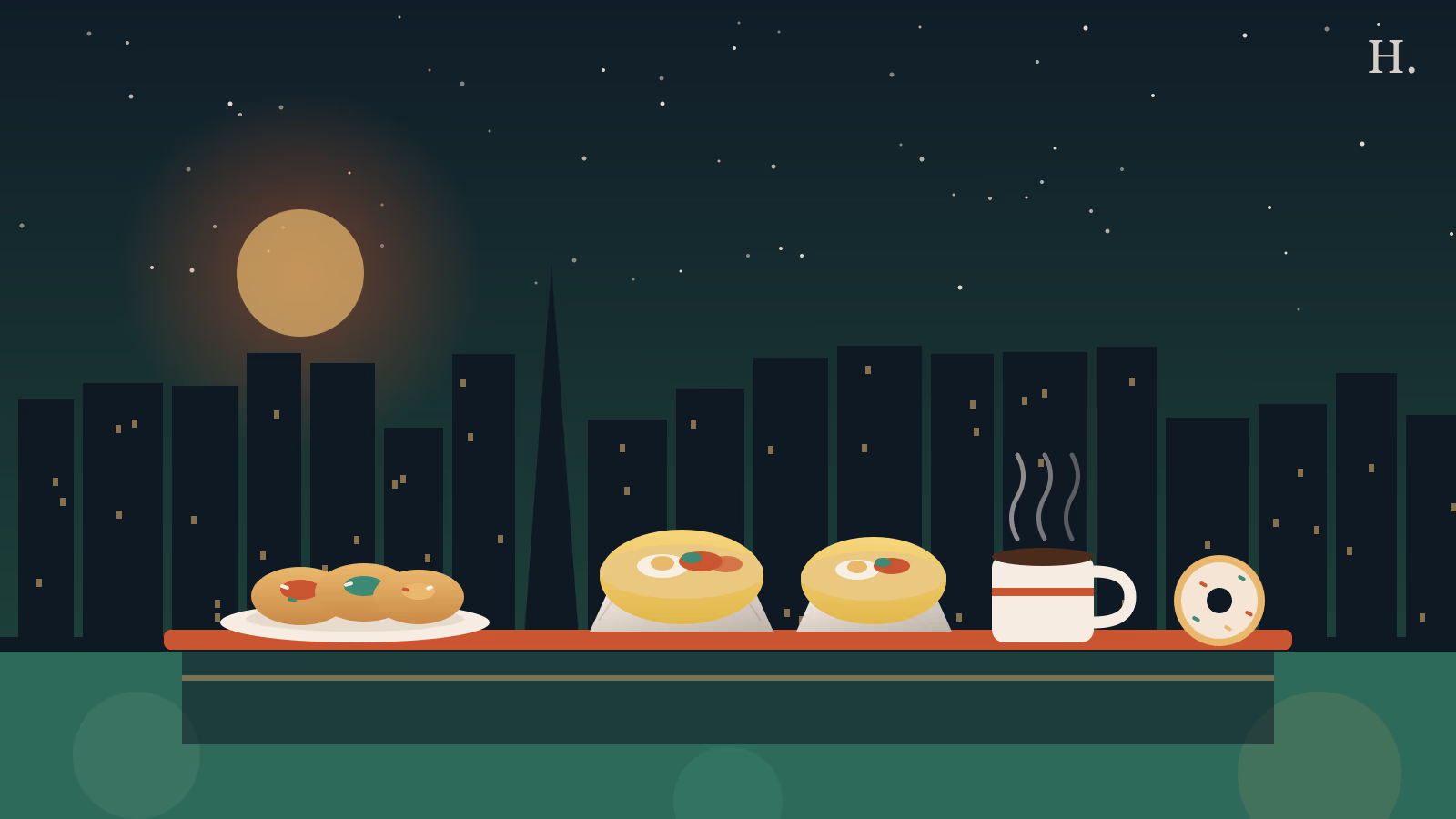 Best breakfast in Cypress TX illustration: kolaches, breakfast tacos and coffee against the Houston night skyline