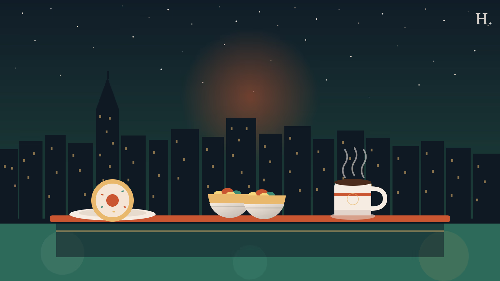 Breakfast tacos, kolache and coffee cup against the downtown Houston skyline at night