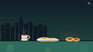 Best breakfast in the Galleria and Uptown Houston: breakfast tacos, kolaches and coffee in a night-sky illustration