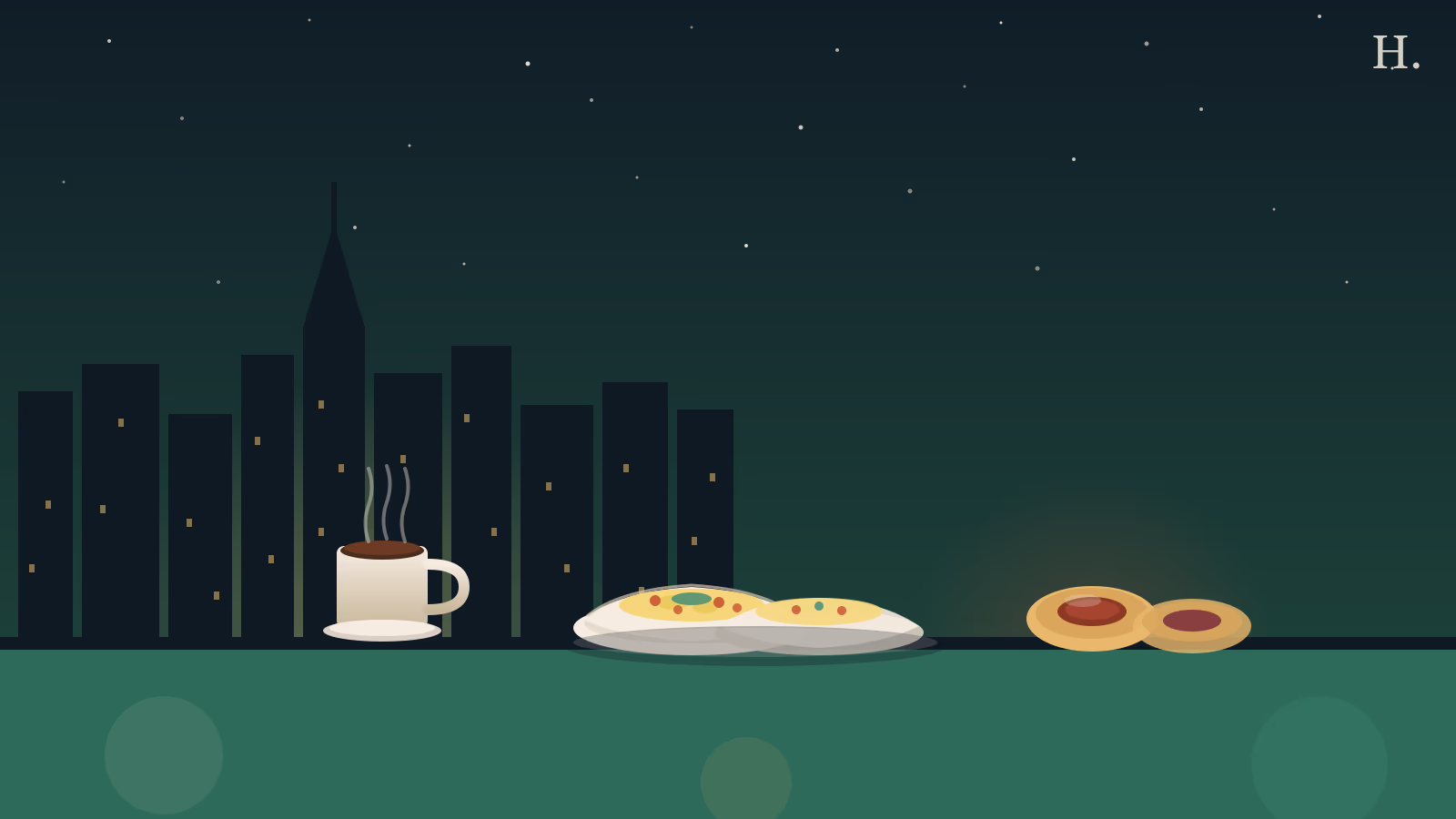 Best breakfast in the Galleria and Uptown Houston: breakfast tacos, kolaches and coffee in a night-sky illustration