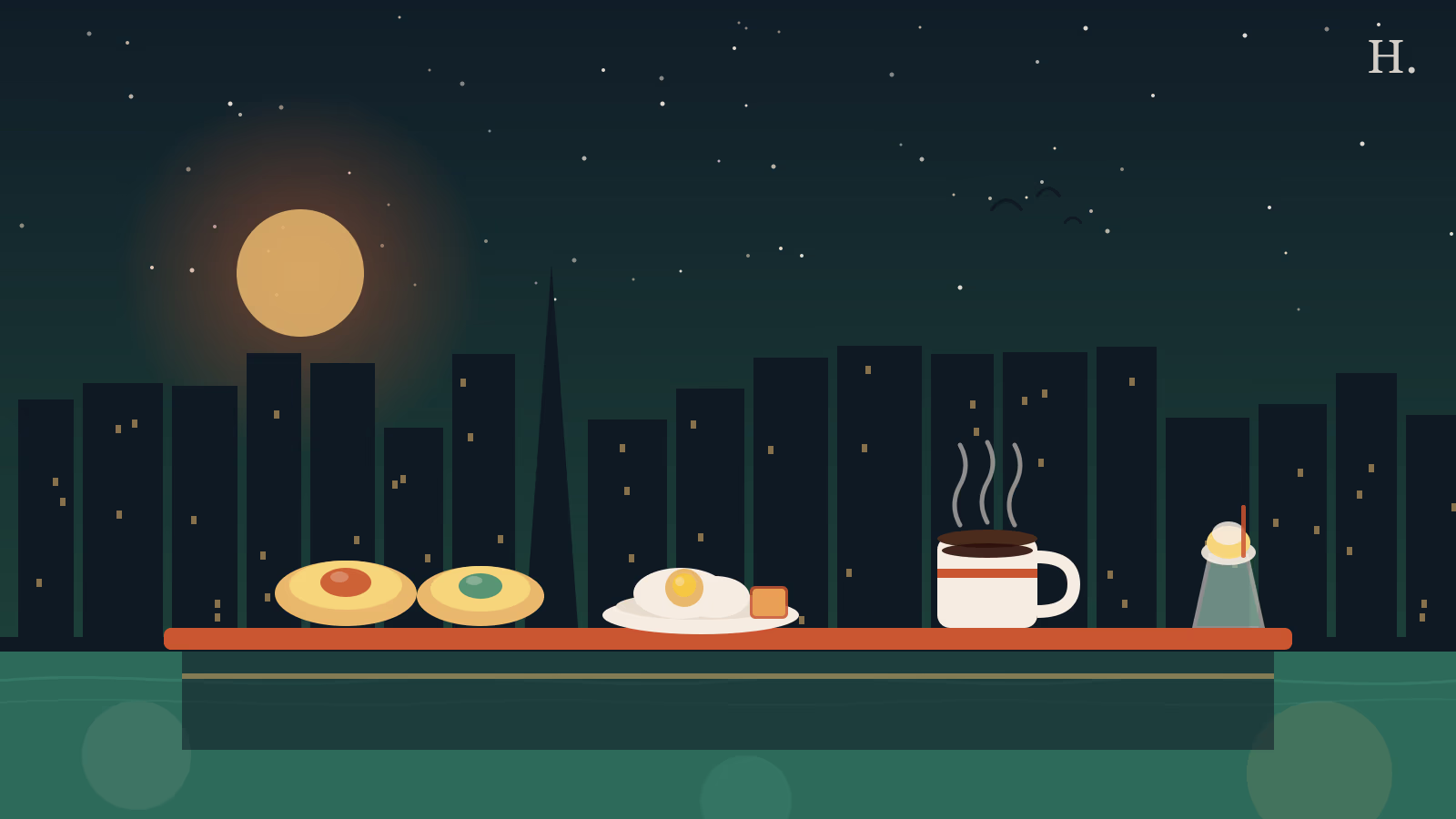 Galveston breakfast illustration: kolache pastries, a steaming coffee cup and a soda fountain glass against a coastal night sky