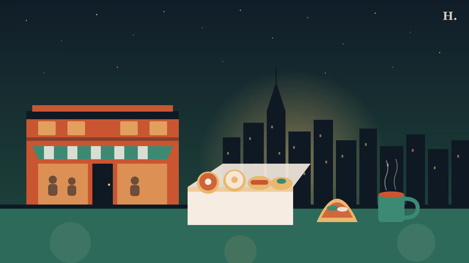 Breakfast in Humble illustration: brick Main Street cafe, kolaches, donuts, taco and coffee at dawn