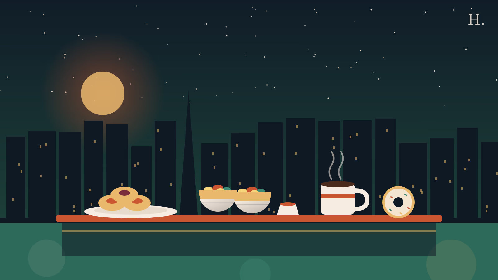 Best breakfast in Houston illustration: kolaches, breakfast tacos, coffee and a donut before the skyline