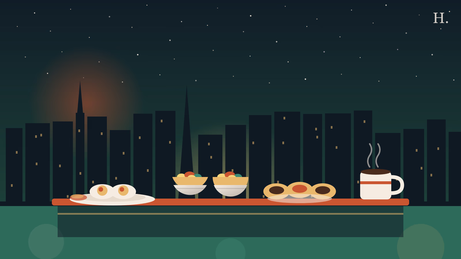 Best breakfast League City TX illustration: sunny-side-up eggs on a diner plate, two breakfast tacos, golden kolaches and a coffee mug on a counter at night