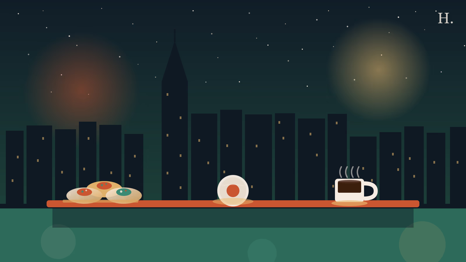 Breakfast tacos, kolache pastry, and steaming coffee mug over Houston skyline, breakfast midtown illustration