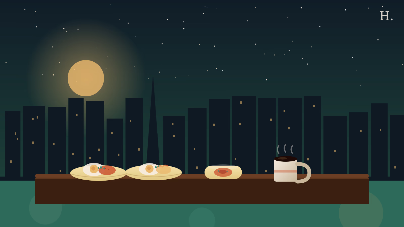 Breakfast tacos, a kolache, and coffee mug on a dark counter with the Houston skyline at dawn