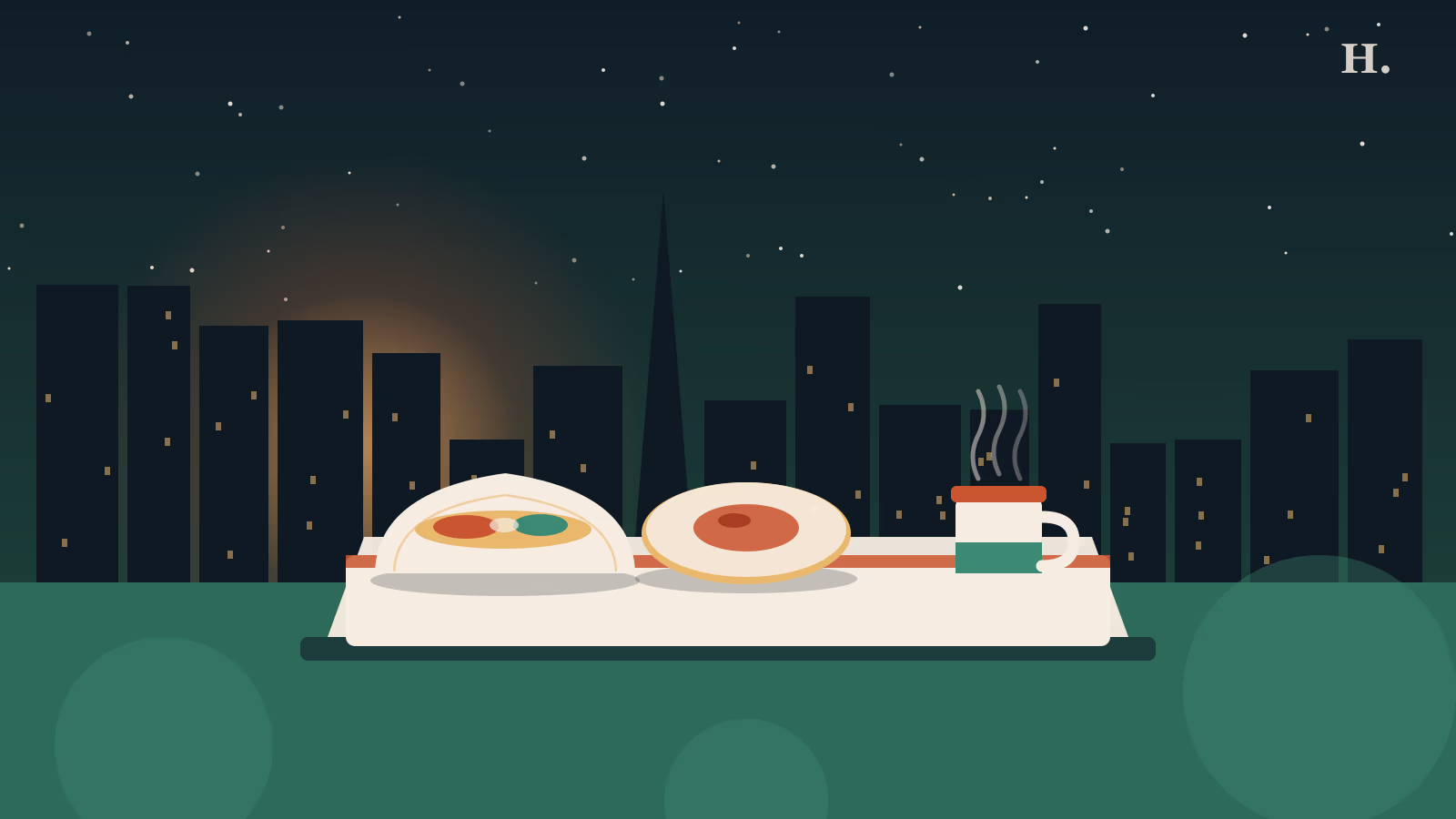 Best breakfast Pasadena TX illustration: taco, kolache and coffee cup against Houston night skyline